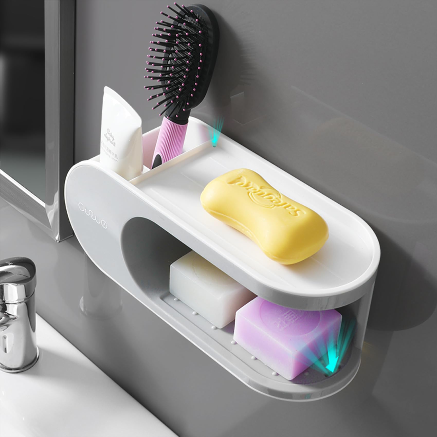 TYZAG Soap Holder Adhesive Storage Organizer Durable Bath Space Saving Design with 4 Removable Hooks Ideal for Sponge and Shelving Decor, Washroom and Kitchen Essential (Grey, 2 in 1 Soap Holder) 3
