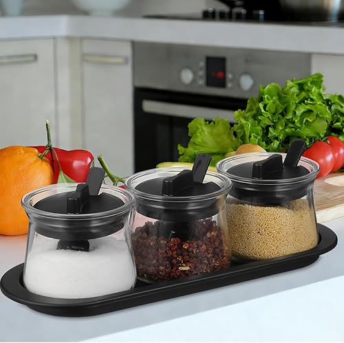 Miniatura 4 de Kichvoe Juego de 3 recipientes de vidrio para condimentos con tapas, cucharas y bandeja, recipientes transparentes para condimentos, juego de 3