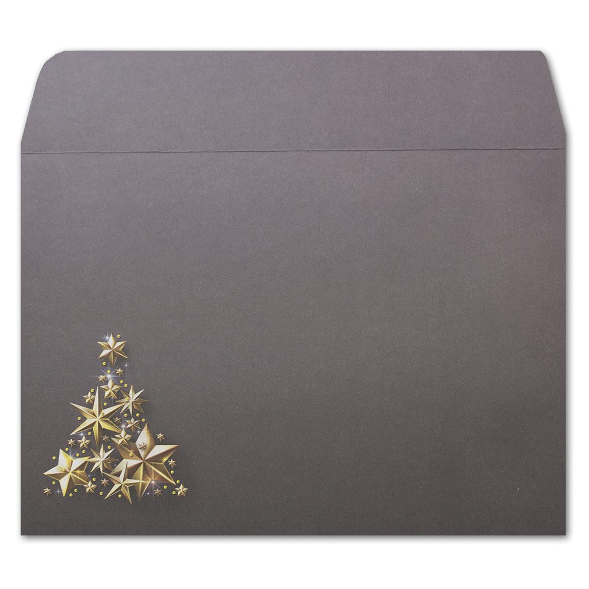 700 x koperty DIN C6 w kolorze szarym ze złotą choinką z gwiazd – klej z paskami do odrywania – 114 x 162 mm – 80 g/m² – koperty bożonarodzeniowe z motywem dla firm i osób prywatnych