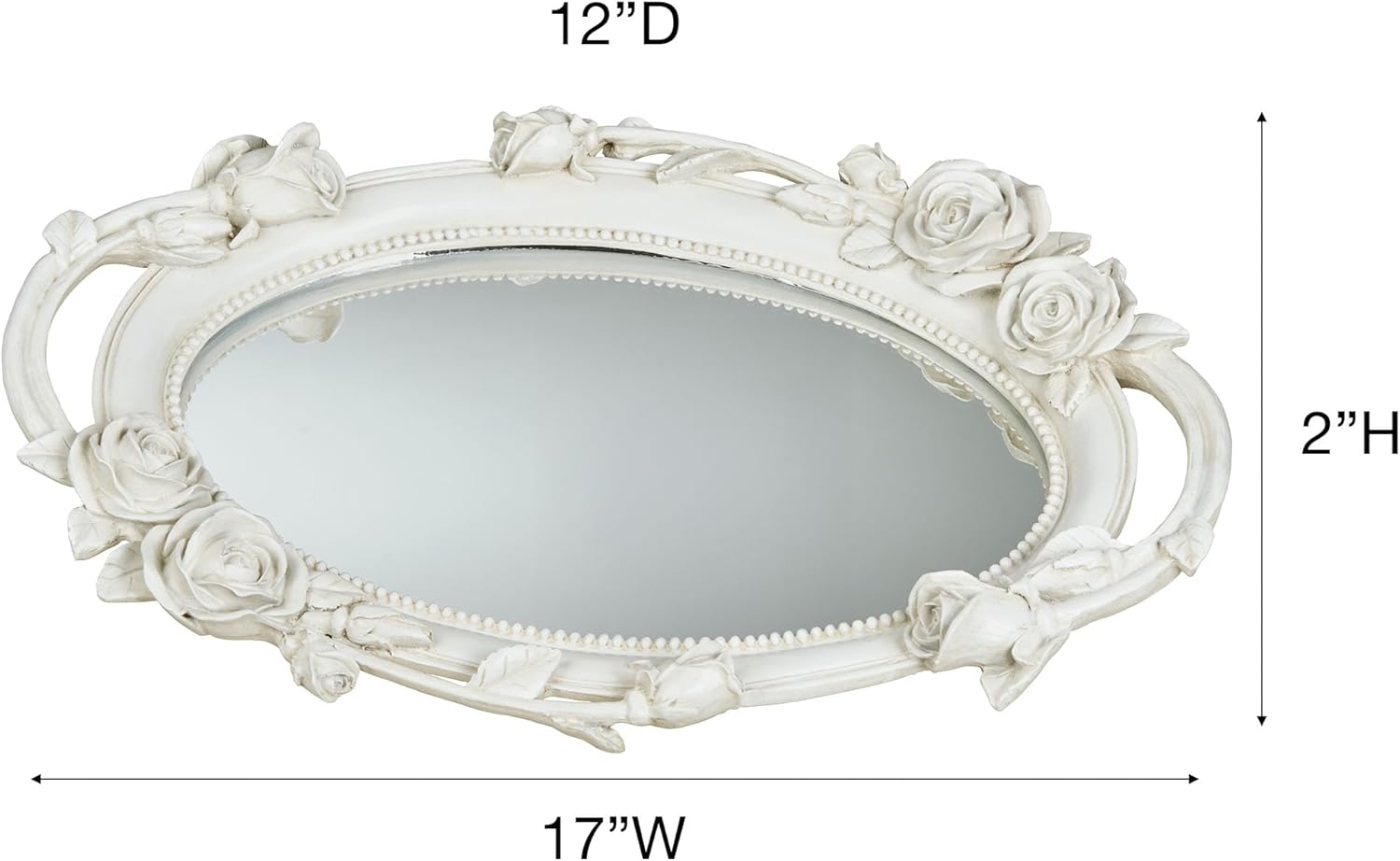 Elegant Rose Melody Mirrored Oval Vanity Tray | Handpainted Rose Flowers Florals Bloom Blossoms Vines | Antique White | Charming Sophisticated