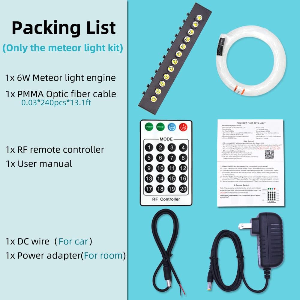Meteor 6W 240pcs 0.03in 13.1ft Bluetooth 12LEDs Fiber Optic Lights Kit Remote/APP Control Shooting Star Effect Light