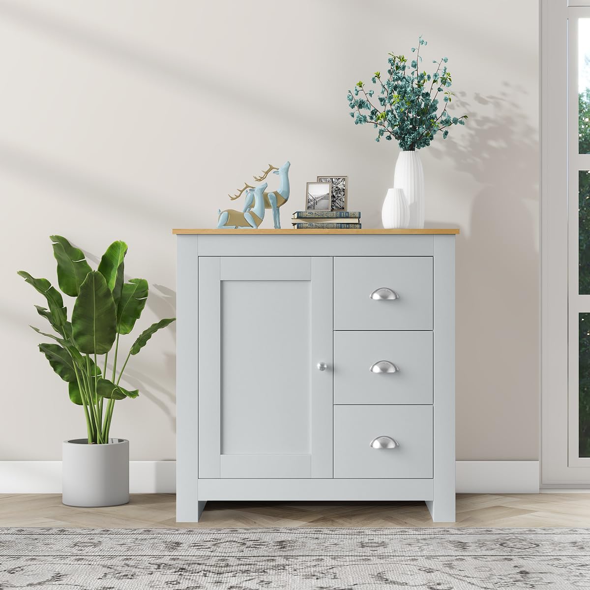 Airdown Storage Buffet Cabinet with Shelf & 3 Drawers for Bathroom, Living, Dining Room, Entryway, Ash Grey