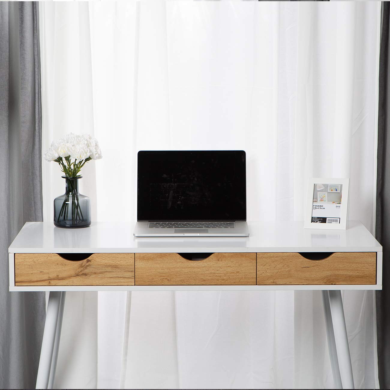 soges Scrivania per computer, tavolo da lavoro, studio con 3 cassetti per forniture per ufficio teak, 110 x 50 x 78,5 cm