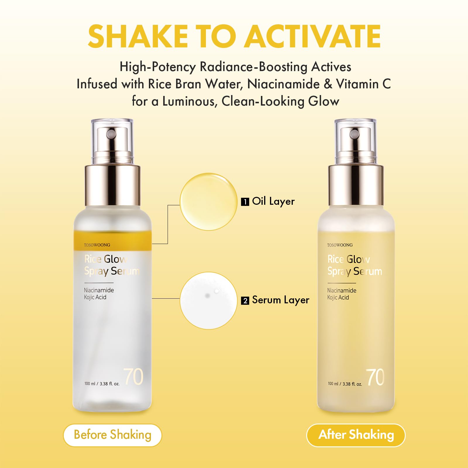 TOSOWOONG Rice Glow Spray Serum, 70% Crusca di Riso, Vit.C, Kojico, Glutatione, Acido Ialuronico, PDRN, Siero Spray All-in-One Glass Skin, K-Beauty, 100ml / 3.38 fl. oz.