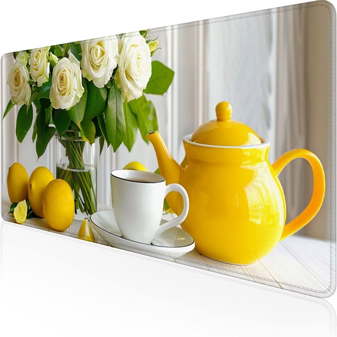 Excel Shortcut-Tasten-Mauspad - erweitertes großes 1200 x 600mm XL-Spickzettel-Gaming-Mauspad | PC-Büro-Tabellenkalkulation-Tastaturmatte | rutschfeste genähte Kante Blume Tasse