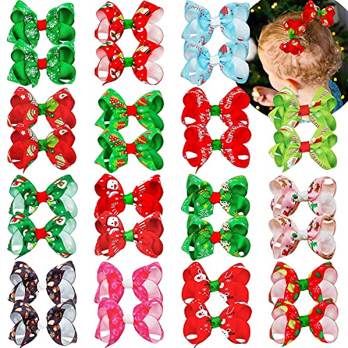 Image of Ayesha 30pcs Christmas Hair Clips for Girls Baby Grosgrain Ribbon Bows Alligator Clip Hair Accessories, 3" in Multi-color, Handmade for Infants Toddlers in Pairs as Christmas Gifts