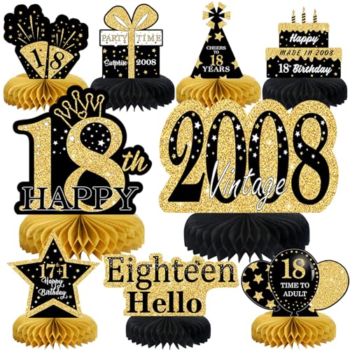 Image of 9Pcs Black Gold 18th Birthday Decorations Honeycomb Centerpieces for Boys Girls,Happy 18th Birthday Centerpieces Tables Toppers Party Decorations Supplies,Vintage 2008 Aged Table Sign Decor