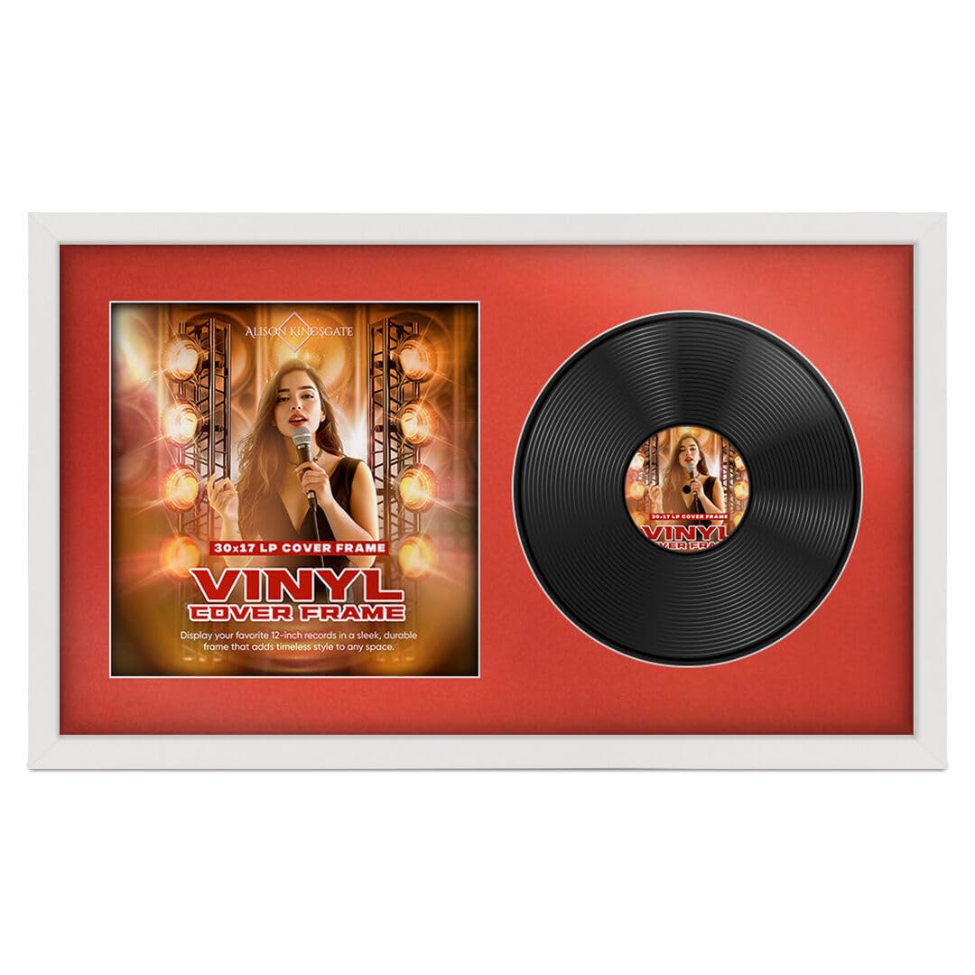 Alison Kingsgate 30×17” White Vinyl Record Frame- Fits 12” LP Cover & Disc - Engineered Wood with Shatterproof Perspex - Stylish Modern Display for Your Home or Music Collection - Poppy red Mount