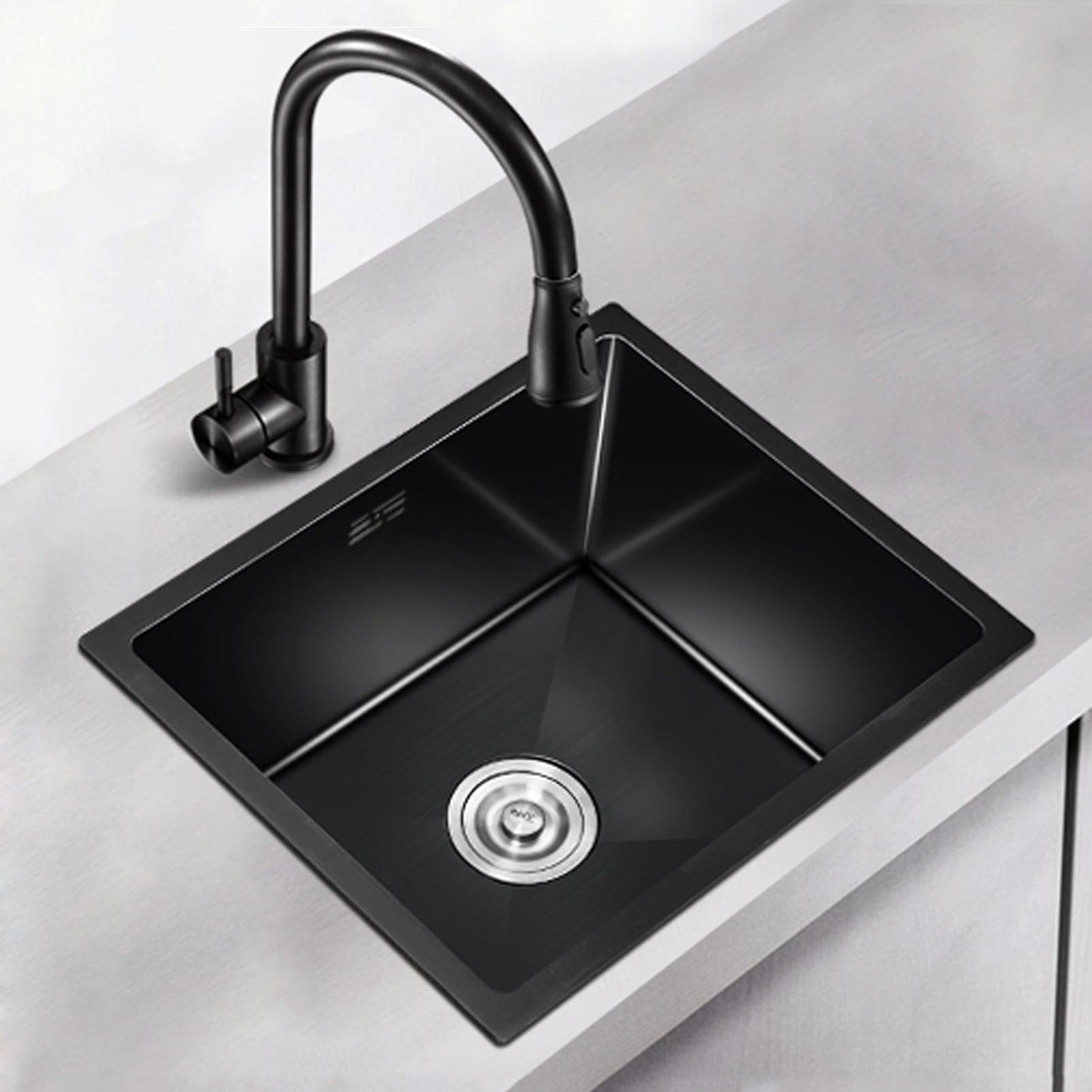ZQFHSX Kitchen Sink Black Stainless Steel Single Bowl with Pull-Out Faucet, Restaurants Built-in Undermount Flushmount or Topmount Installation