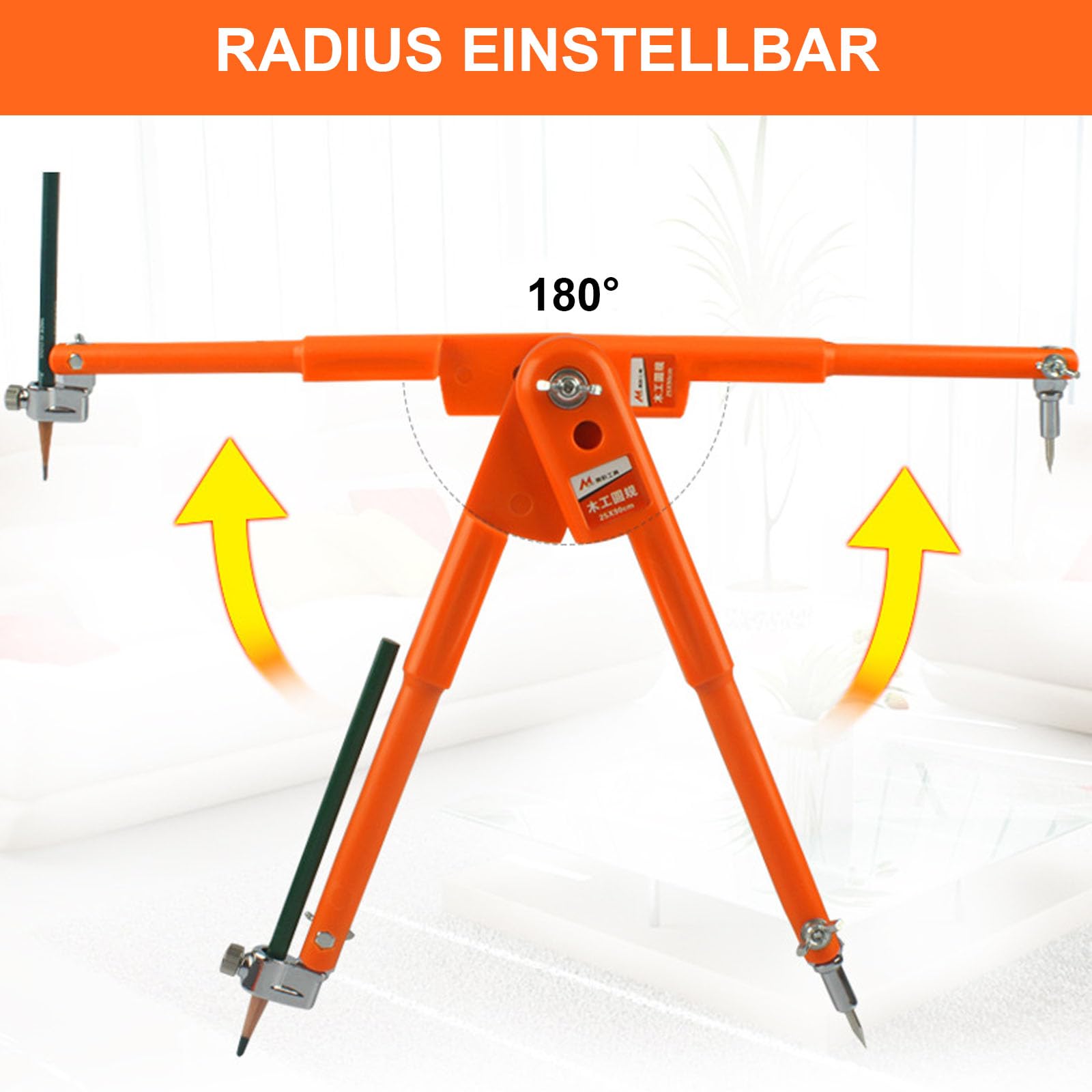 Zirkel, Zirkel mit Stifthalter, Zirkel Groß, Professioneller Tischlerzirkel, Einstellbar, Klarer Strich, für Holzbearbeitung, Geometriezeichnung (Orange)