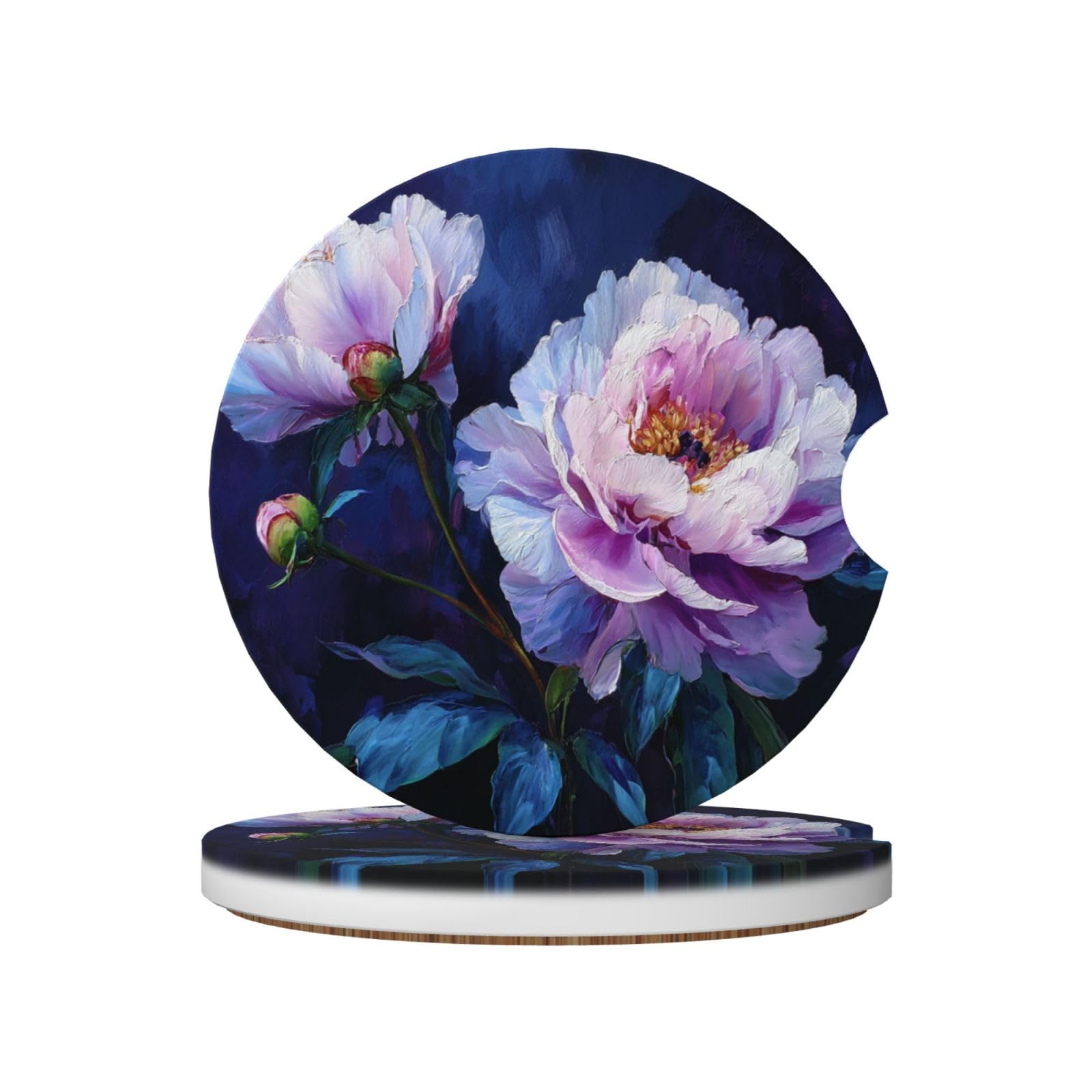 Large Peony On Dark Blue Ceramic Coasters,2pcs