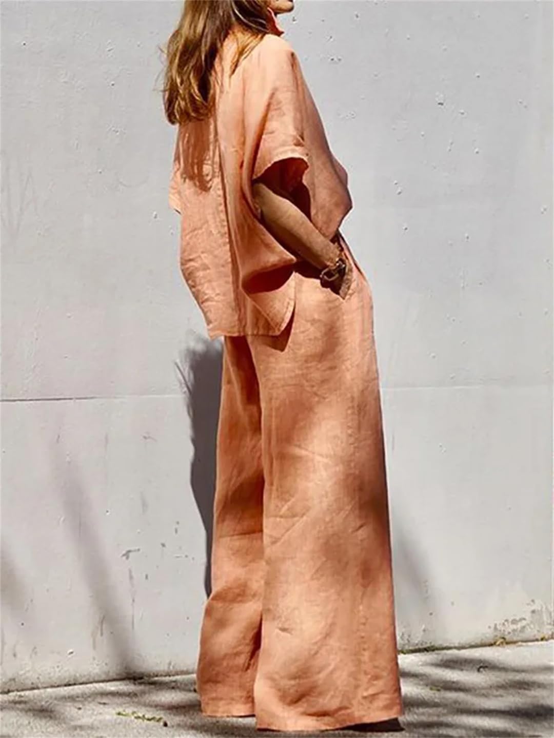 Women Lapel Button Tops And Pants Suit Loose Long Wide Leg Pants Solid Two Piece Set