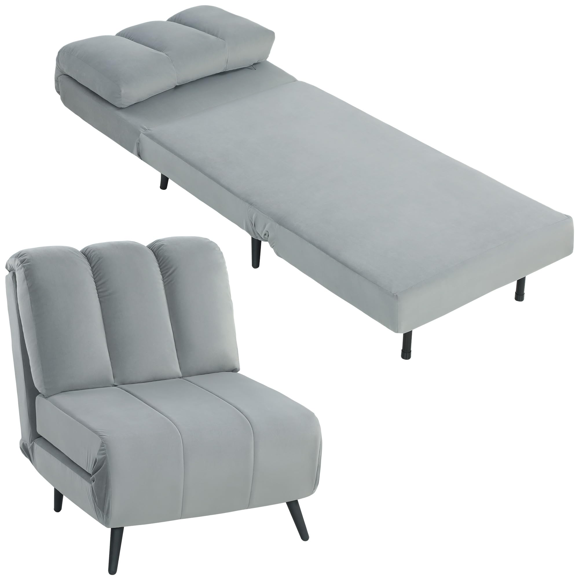 HOMCOM Sofá Cama de 1 Plaza 3 en 1, Sofá Cama Plegable Tapizado en Terciopelo con Respaldo Ajustable en 3 Niveles, Cojín Grueso para Dormitorio, Salón, Oficina, Fácil Montaje, 72x88x87 cm, Gris