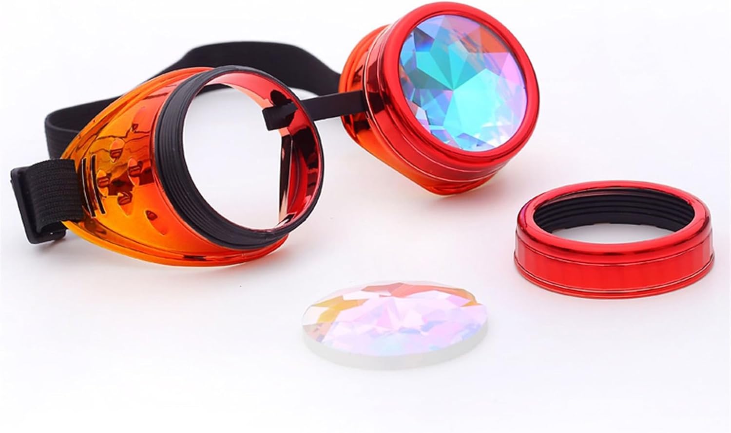 Kaleidoscope Rave Rainbow Crystal Lenses Steampunk Goggles Adjustable Red-orange(no Spike)