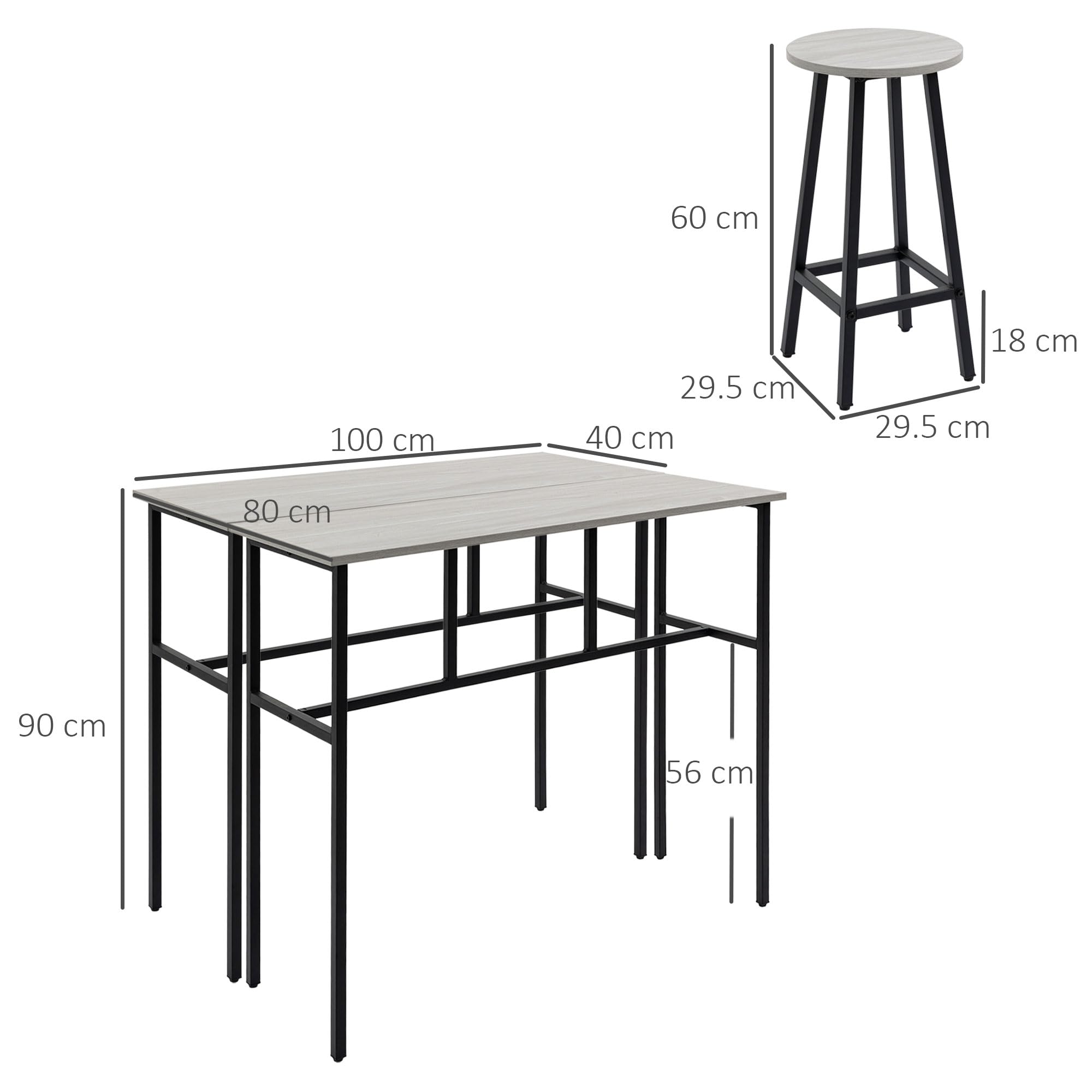 HOMCOM Set 6 Pz con 4 Sgabelli da Bar e 2 Tavoli Alti per Cucina e Soggiorno in Legno Truciolato e Acciaio, Grigio