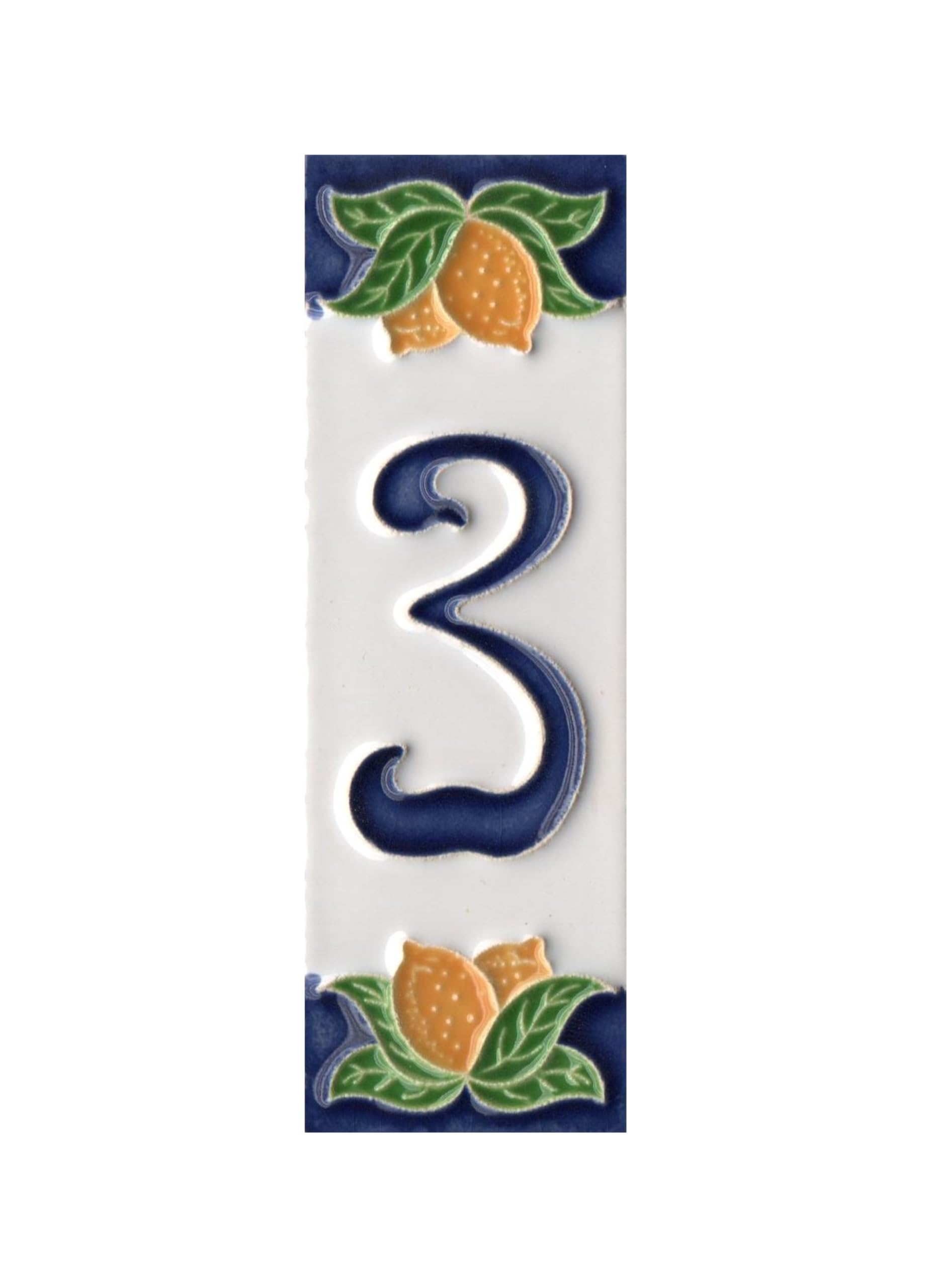 House Numbers, Italian Ceramic Numbers & Letters Tiles, Lemon Design, Tile Size: 10cm x 3.5cm (Number 3)