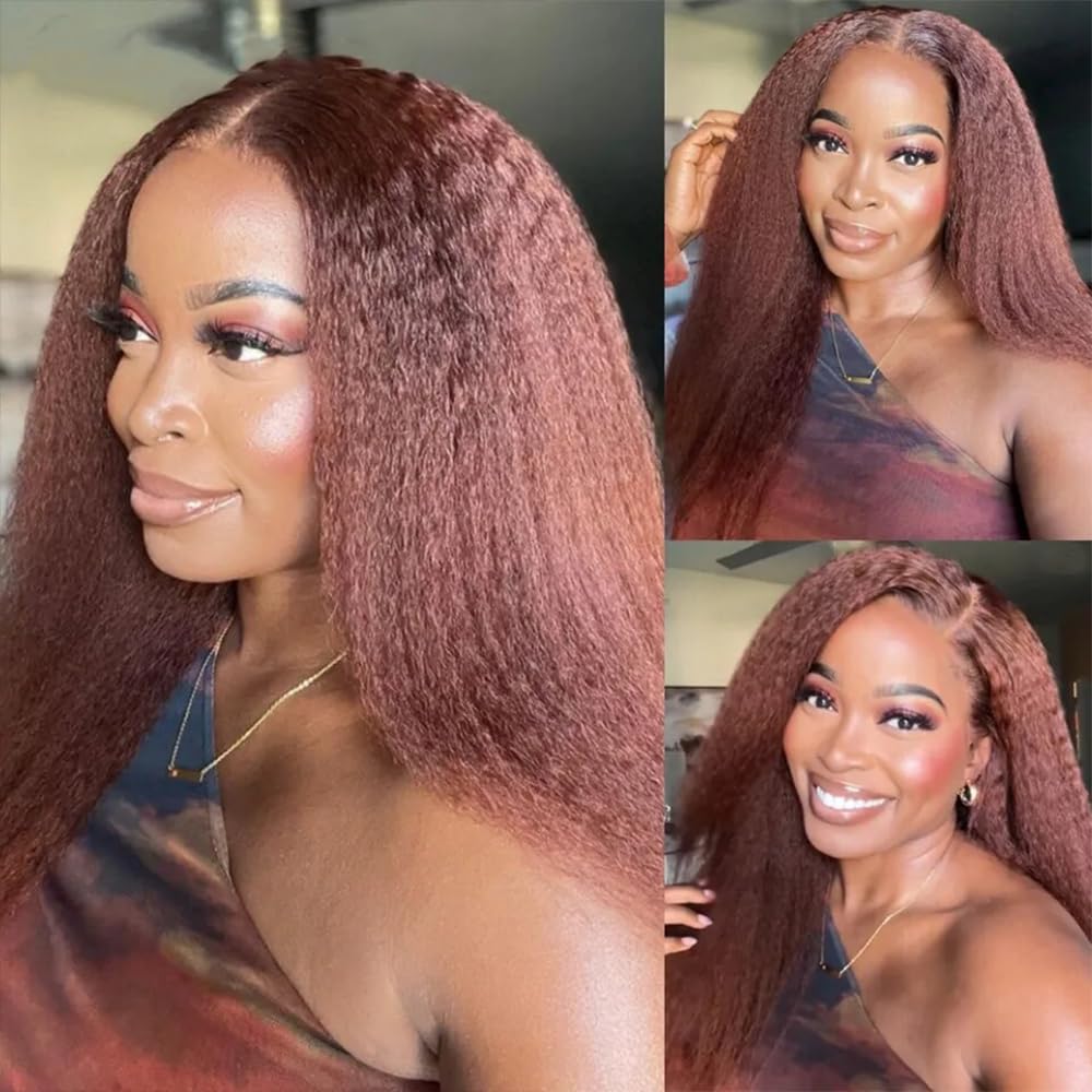 Color 33 Bundles Human Hair Copper Brown Kinky Straight Bundles 22 22 22 inch Double Weft Brazilian Virgin Reddish Brown Yaki Straight Human Hair Extensions for Black Women