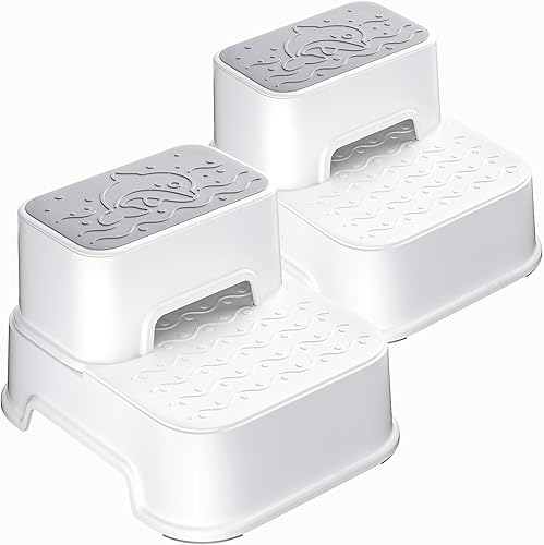 Taburete de dos pasos para niños (2 paquetes), antideslizante y resistente taburete de dos pasos para baño, cocina y inodoro (blanco)