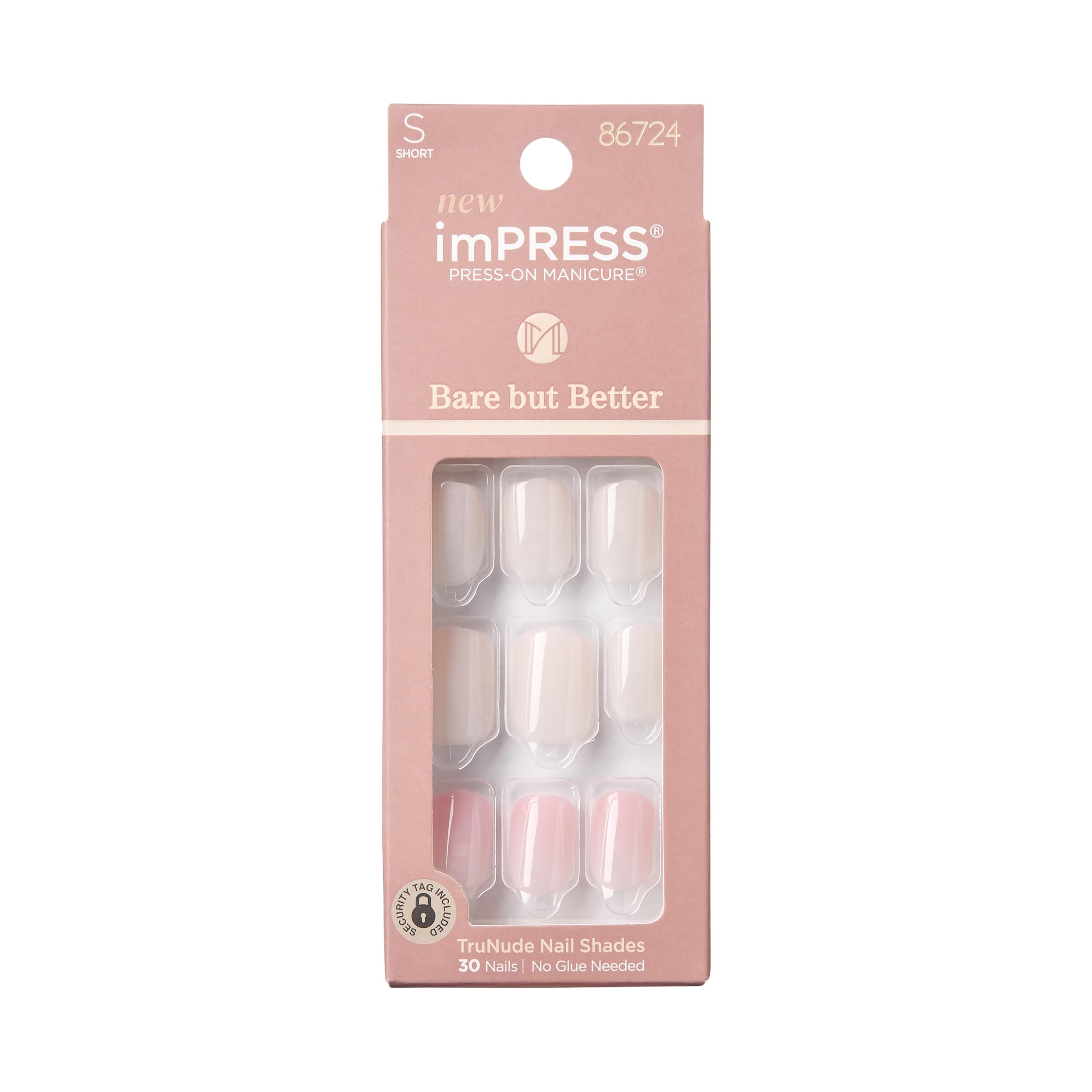 KISS imPRESS No Glue Mani Press On Nails, , 'Effortless Finish', Nude, Short Size, Squoval Shape, Includes 30 Nails, Prep Pad, Instructions Sheet, 1 Manicure Stick, 1 Mini File