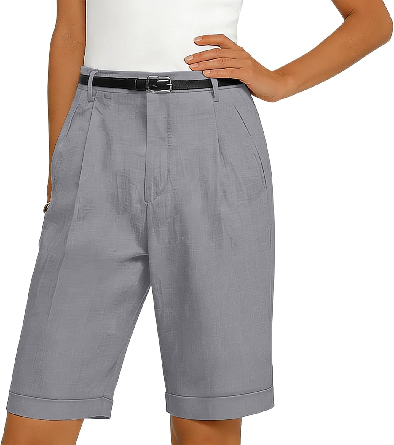 DuDubaby Women's Sports & Recreation Shorts Women's High Waisted Wide Leg Rolled Cuff Casual Short Pants with Pockets Womens Bike Shorts (Gray,Large)
