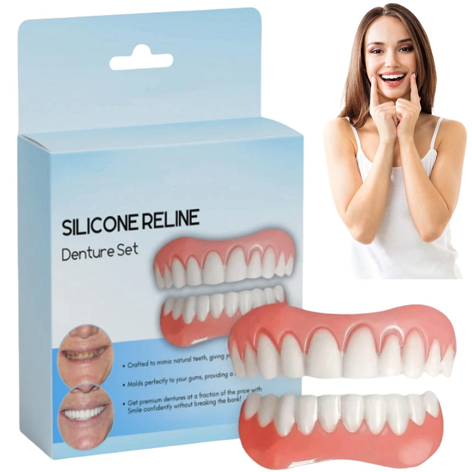 Silicone Reline Denture Set,Soft Denture Reline Kit,Dentures False Teeth Set for Adults,Denture Silicone Reline Kit for Upper and Lower Denture,Tooth Repair Kit,Comfortable Dentures for Missing Teeth