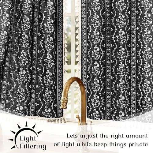 Image of Yinhua Boho Kitchen Curtains 36 Inch Length Vintage Linen Cafe Curtains Light Filtering Bohemian Floral Tier Rod Pocket Farmhouse Rustic Tassel Small Drapes with Tiebacks, 2 Panels, Black