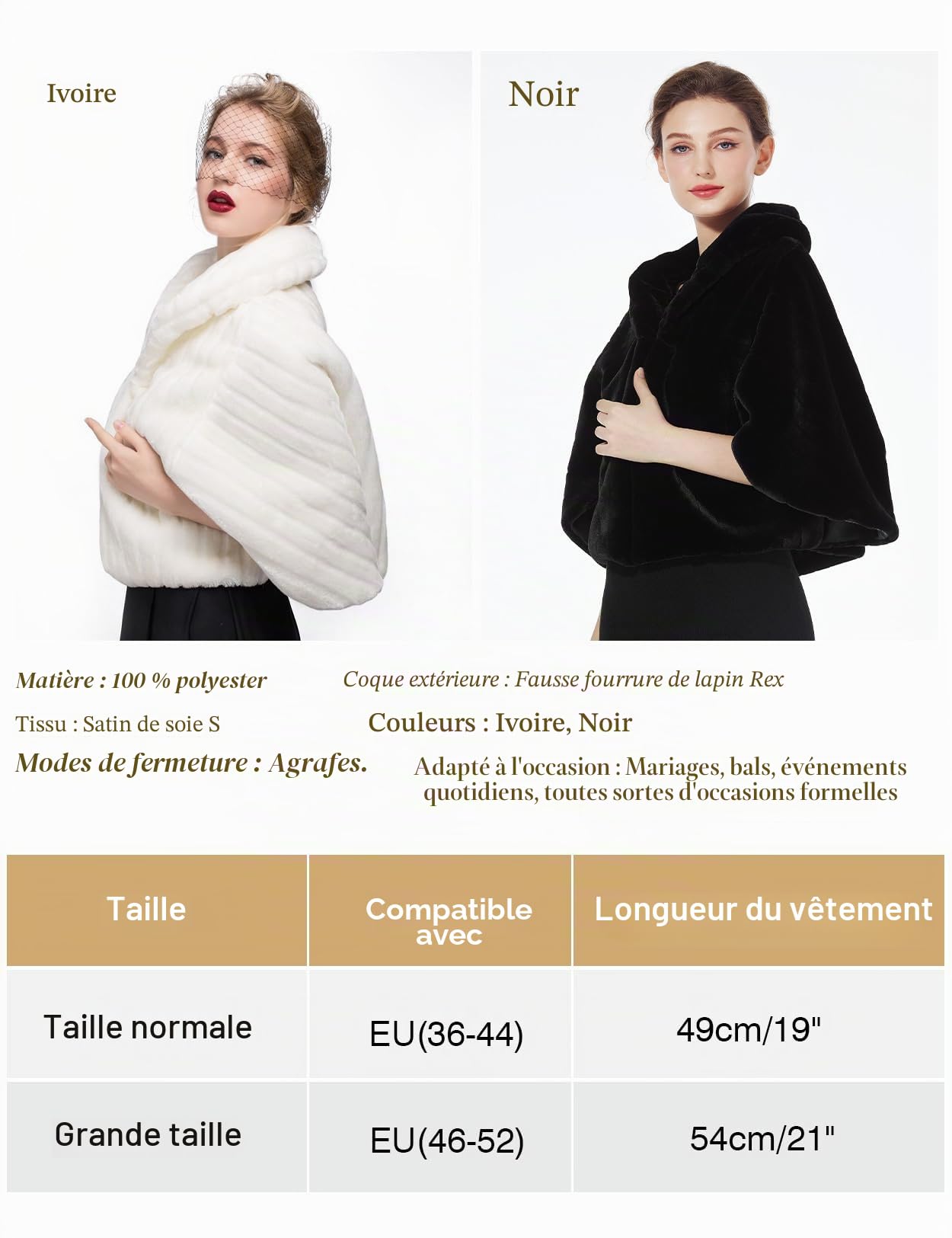 BEAUTELICATE Cape Boléro Veste De Femme Mariage Hiver Étole Châle en Fusse Fourrure sur Robe De Soirée Mariée Demoiselle d'honneur