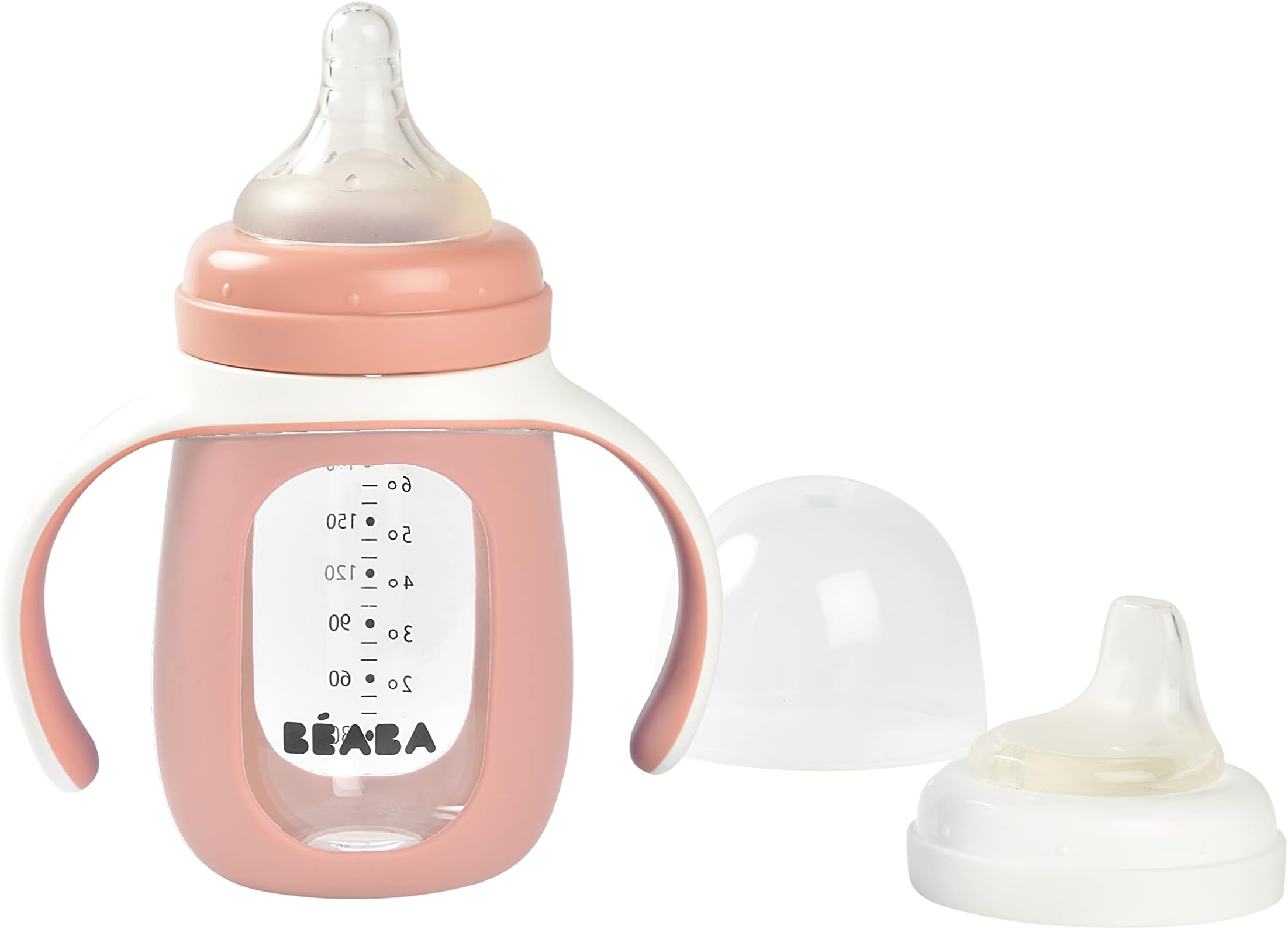 BEABA 2-in-1 Glass Baby Bottle to Glass Transition Sippy Cup, Spill Proof Sippy Cup, Toddler Baby Bottle with Soft Silicone Nipple and Spout, 7 oz (Rose)