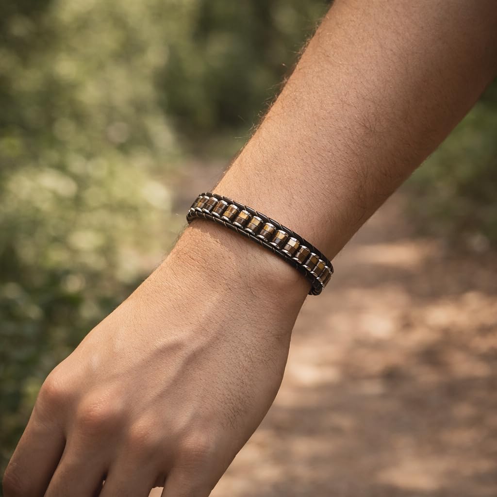 Bracelet Œil de Tigre Homme - Bracelet en Pierre Naturelle pour Homme - LesBacos Bijoux Masculins avec Détails en Cuir, Fermoir Magnétique Noir Brillant