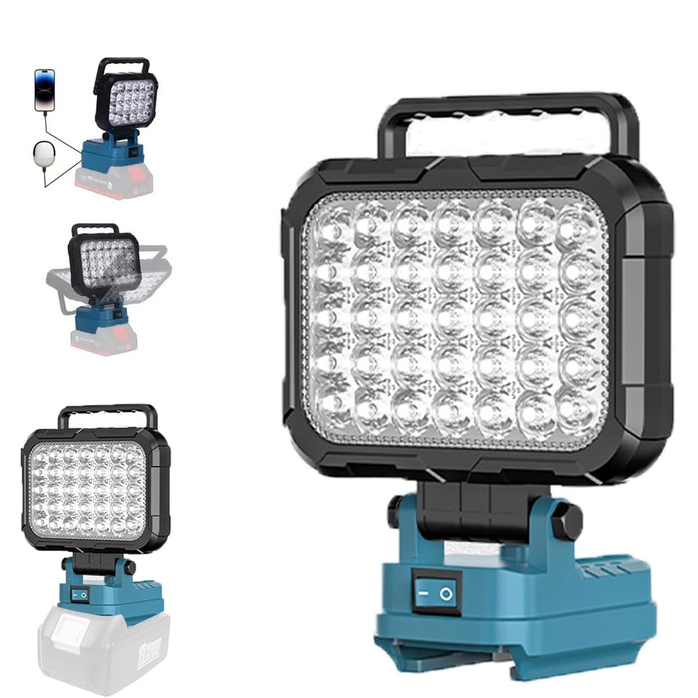Yaasier Lámpara LED con batería para Makita 18V, Luz de trabajo LED inalámbrica 4800LM Con 2 puerto de carga USB, lampara recargable portatil para jardines, patios traseros, garajes
