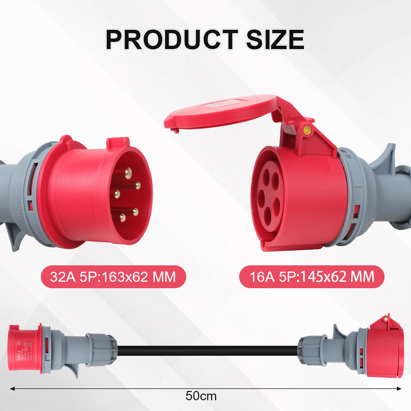 CEE Adapter 32A Stecker auf 16A Steckdose, Starkstrom Adaptermit Schutzabdeckung, 3 Phasen, 5 Polig, 50CM, Wasserdicht IP44, Geeignet für Industrie und Haushalt (32-16)