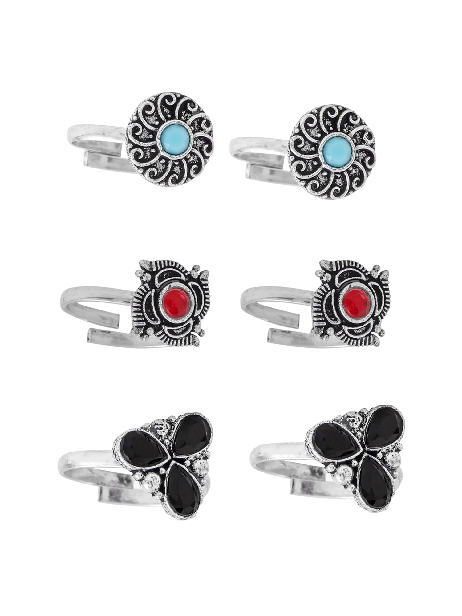 Silver Oxidized German Silver Brass Designer Toe Ring For Women And Girls (3 Pair Combo)