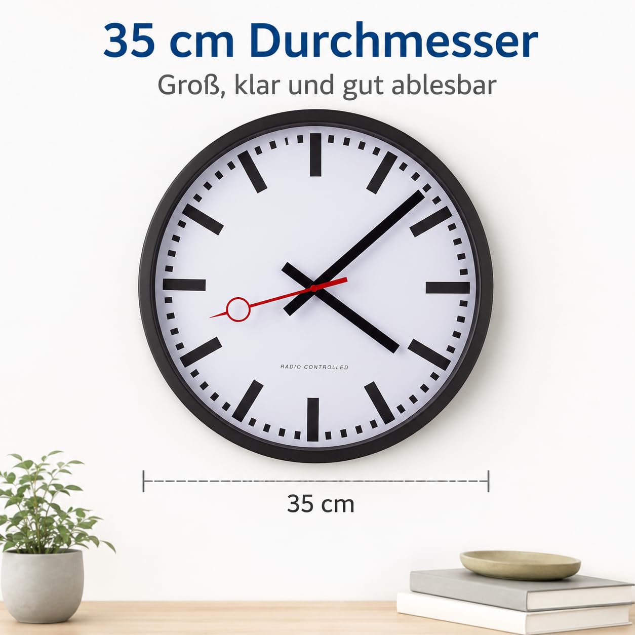 Eurotime Funkwanduhr, 35 cm, im Bahnhofsdesign, geräuscharmes Funkwerk, kein Ticken, Metallrahmen Mattschwarz, automatische Zeitein- und Zeitumstellung, für Wohnbereich oder Büro, 59530-05