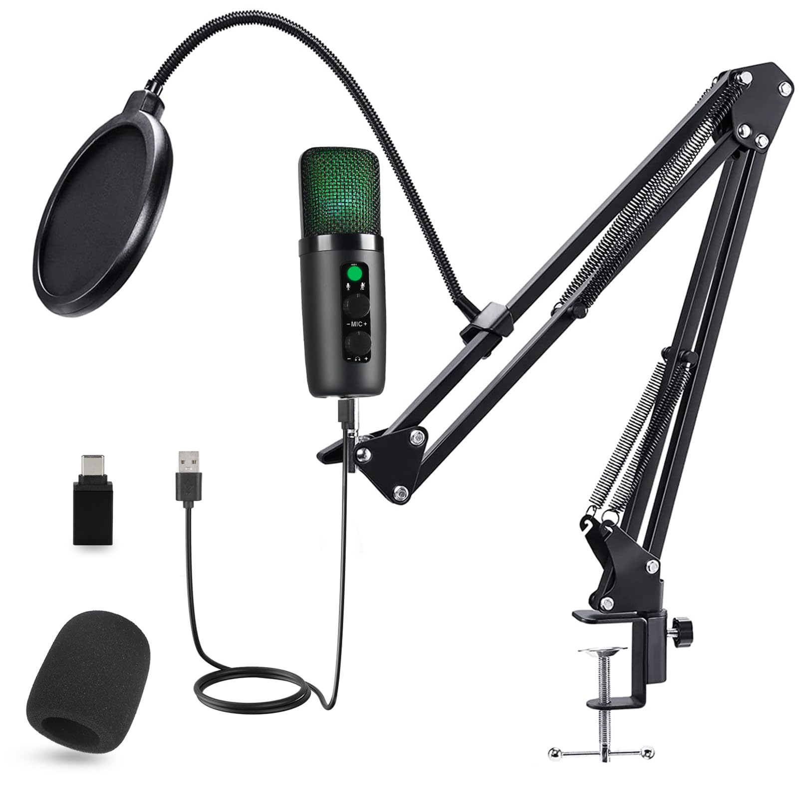 Microphone USB condensateur professionnel pour gaming et podcasting, modes de lumière RGB et bouton de coupure du son, e