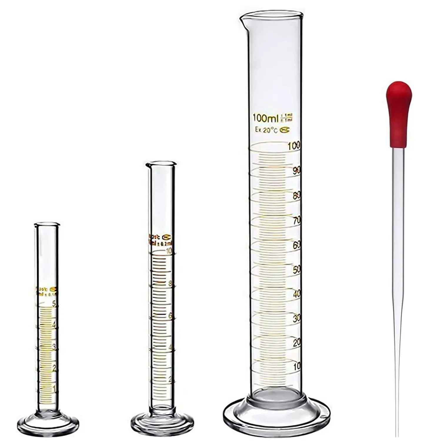 Set di cilindri graduati in vetro Cilindri graduati spessi da 5 ml 10 ml 100 ml con contagocce in vetro Tappo in gomma rossa da 3 ml