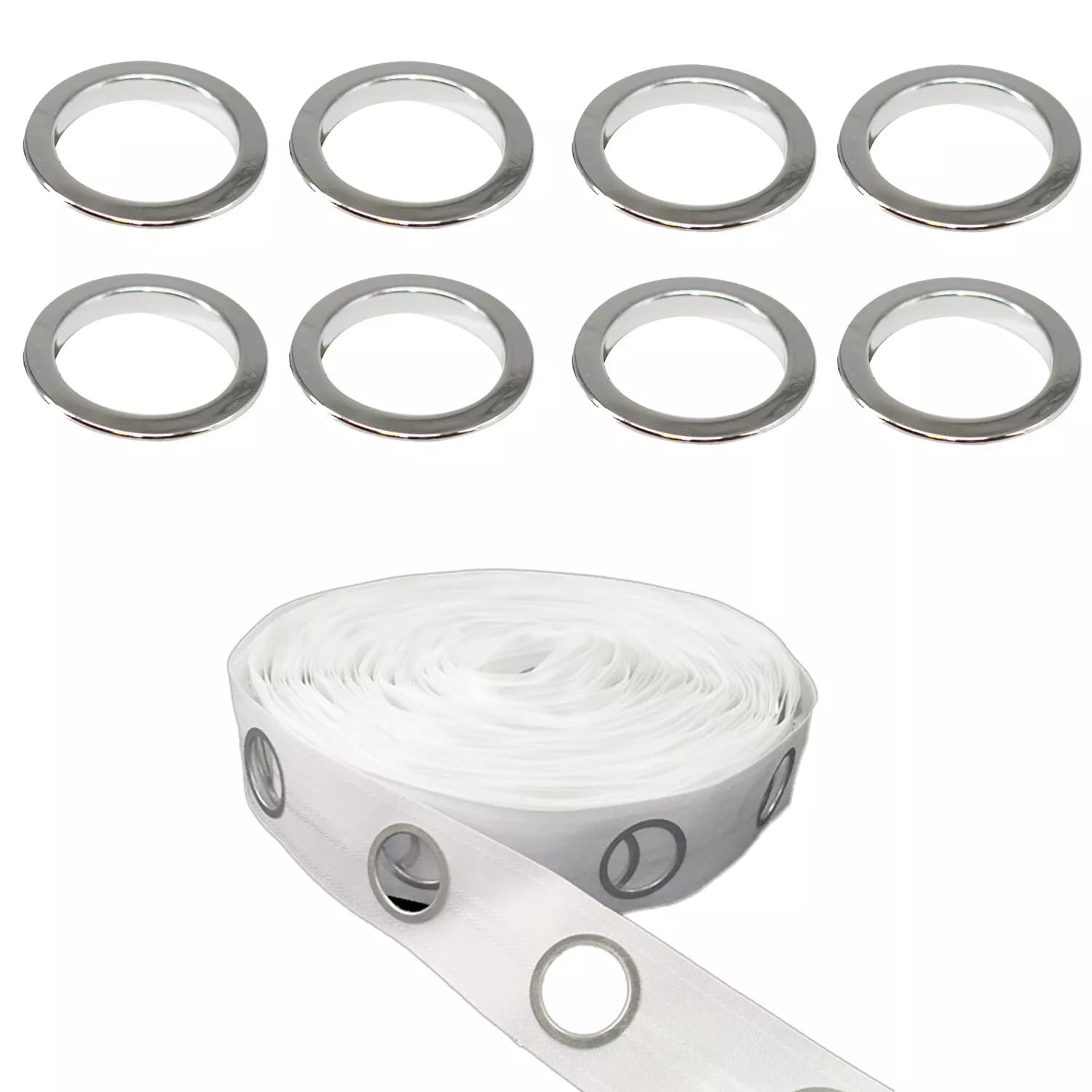 Nastro adesivo per tende da 10 m, con 80 anelli in plastica (diametro interno 39 mm), kit di occhielli per curtaine, distanziatori per tende con occhielli, nastro per tende e anelli per fai da te