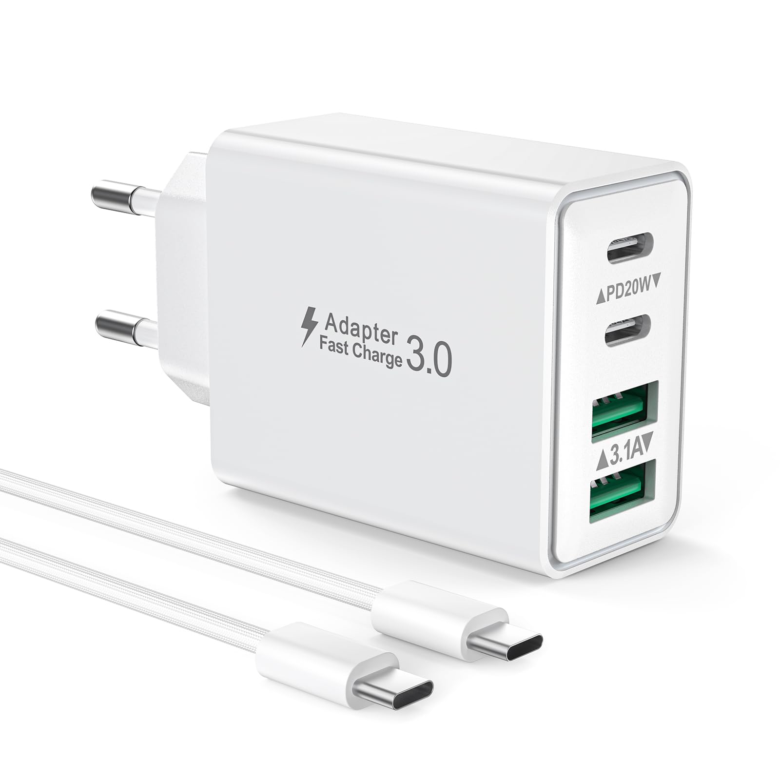 Caricatore USB C with 2M Cavo USBC Rapido Presa Caricabatterie for iPhone 16 15 Pro Max Plus, iPad, Samsung Galaxy S25/S24, 40W 4-Porto Spina USB Multiplo Alimentatore Adattatore Carica