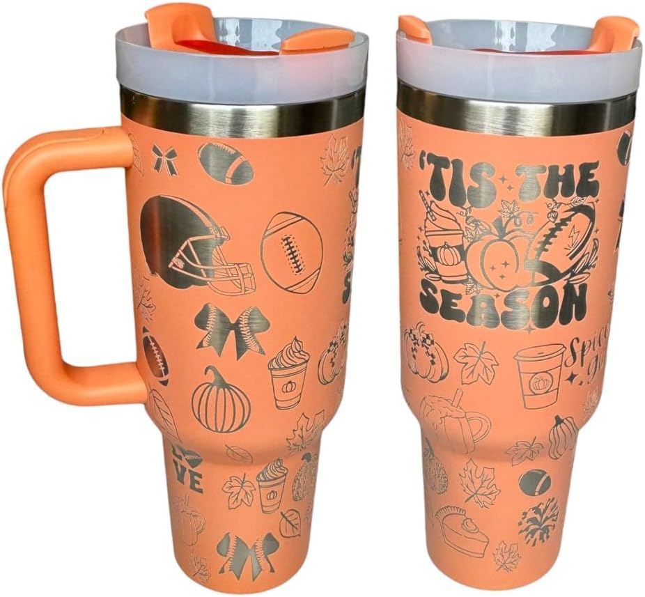 Football season tumbler Insulated Fall cup Water bottle for gametime 40 ounce Gift for her (Tangerine(83)-Football Fall(H13))