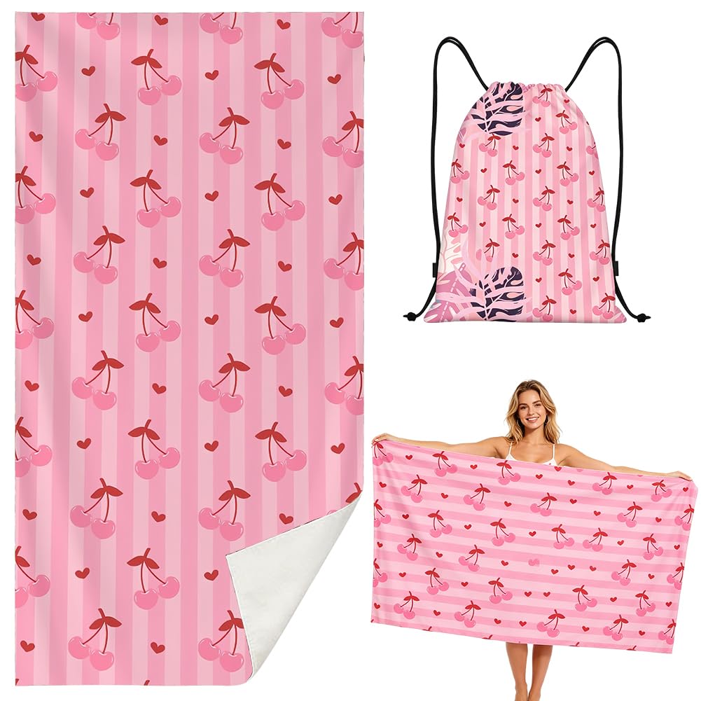 ZPSOSPZ Cherry Bow Beach Towel With Drawstring Bags,MicrofibreQuick Dry Soft Lightweight BathTowel For Women And Girls,BathTowel For Swimming,Gym,Pool,Travel -160×80 Cm (Pink1)
