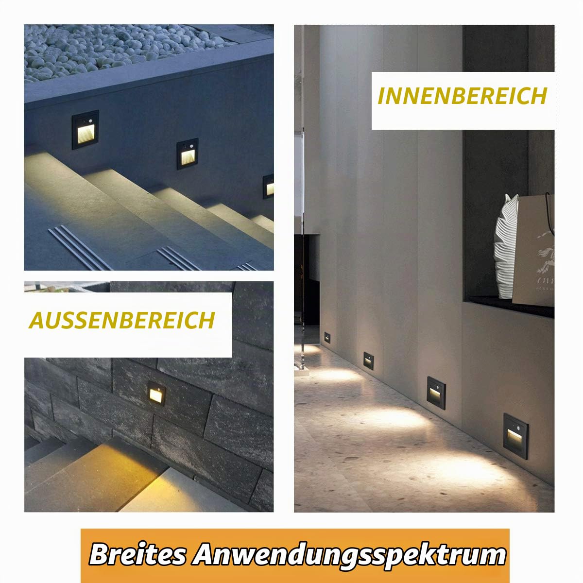 Arotelicht 8er 3W LED Treppenlicht mit Bewegungsmelder 3000K IP44 Wandeinbaustrahler Stufenlicht Lampe, LED Einbaustrahler innen, schwarz, Alu, 230V, Body Sensor, Nicht die Standardgröße 60mm | Warmweiß Alu Wandeinbaustrahler Stufenlicht Inkl. Unterputzdo