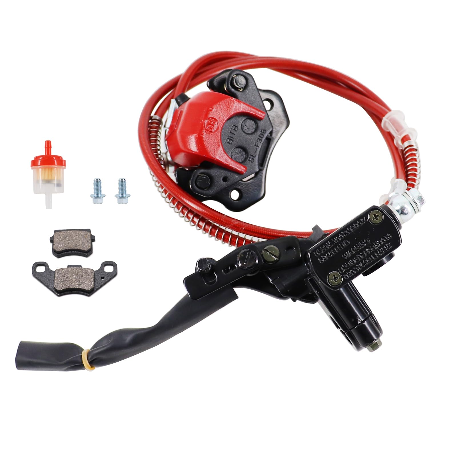 Red Rear Hydraulic Disc Brake System,ATV Quad Left Rear Hand Brake Assembly with caliper&amp;brake pads for Chinese Quad 4 Wheeler Buggy 50cc 70cc 90cc 110cc 125cc 150cc Taotao Kazuma Coolster ATV parts