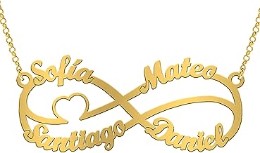 Women's Sterling Silver Infinity Necklace with Heart Personalised with up to 5 Names Gift for Girlfriend, Mother, Grandmother or Valentine's Day or Christmas (Gold Plated