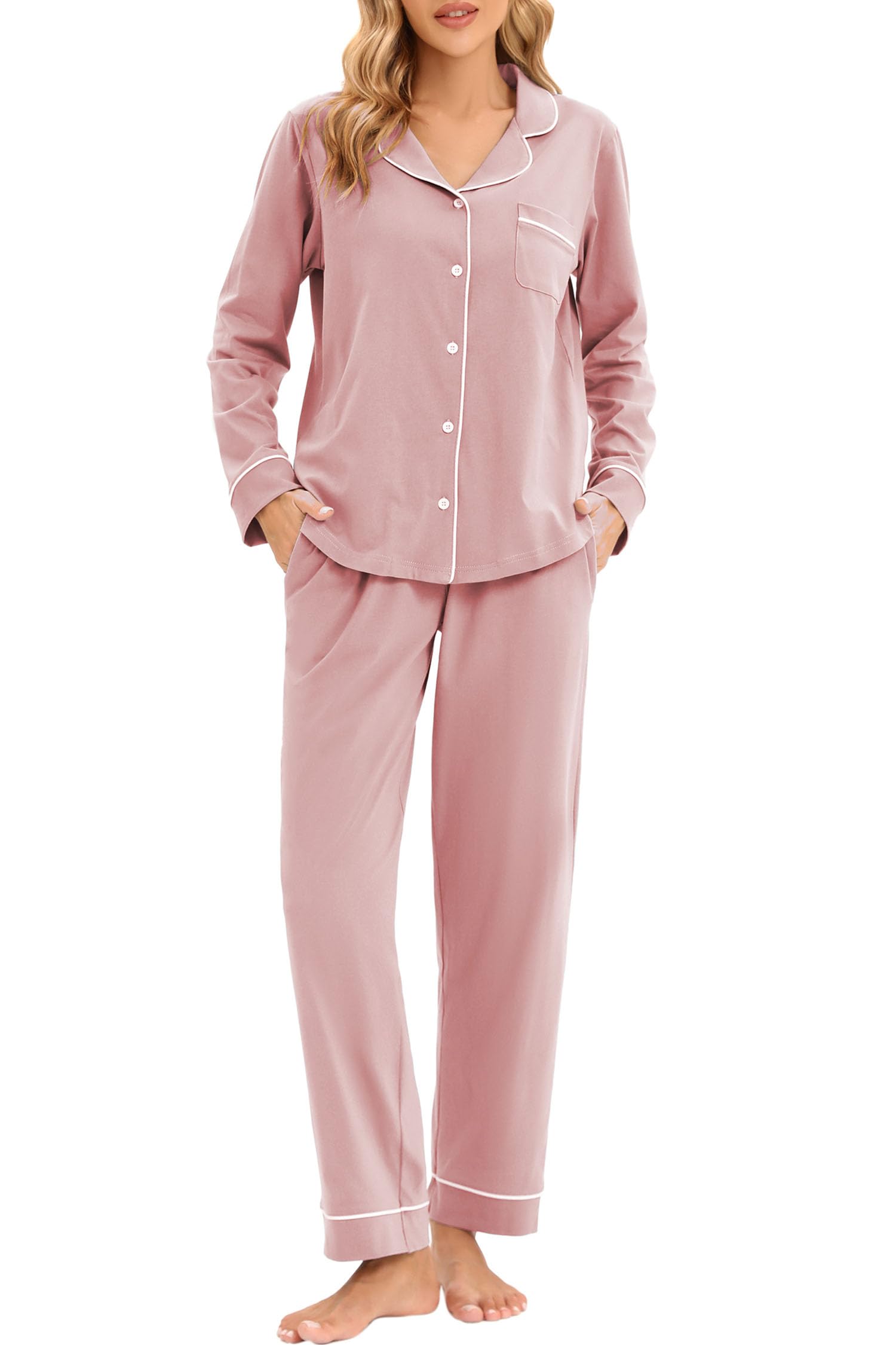 LUBOT Pigiama da Donna in 100% Cotone, Maniche Inverno Lungho, con Bottoni, pygama in Due Pezzi per Donna, Abbigliamento da Notte da S a XXL, Rosa Polveroso, L
