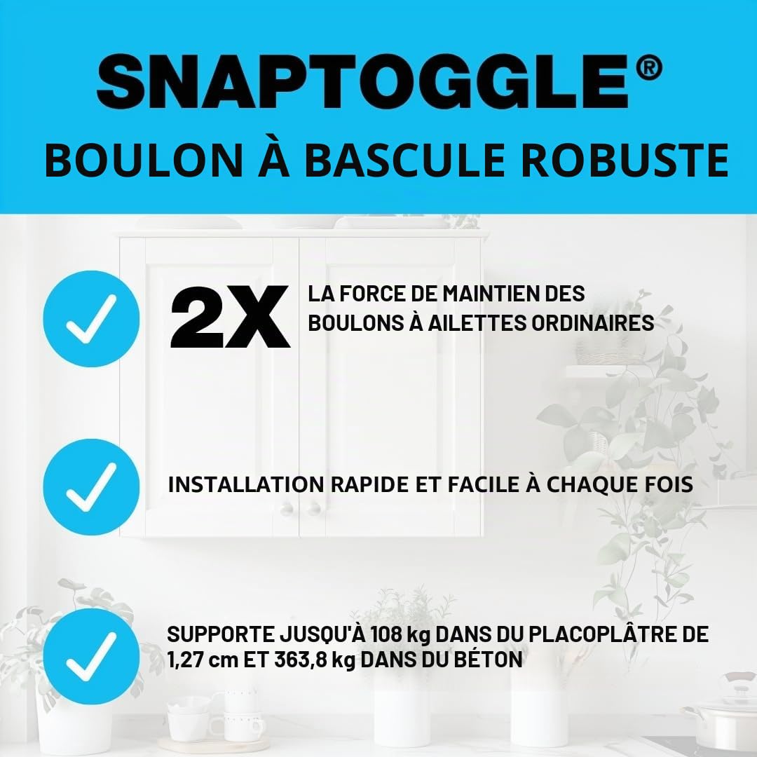 TOGGLER SNAPTOGGLE BB Lot de 10 ancrages à bascule BB avec boulons, canal en acier zingué, fabriqué aux États-Unis, plage de préhension de 0,95 cm à 9,5 cm, pour fixation 1/4"-20 UNC