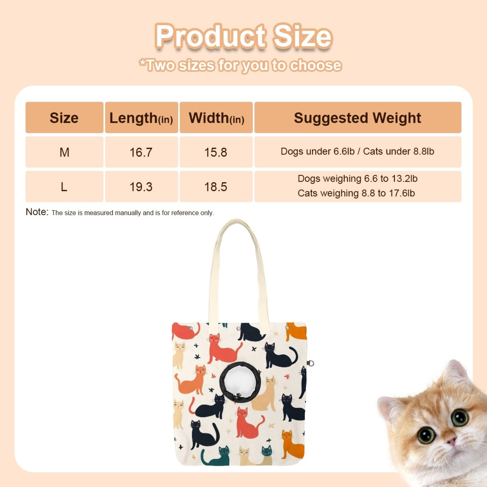 Pet Canvas Shoulder Bag Soft-Sided,Dog Purse Carrier for Small Dogs and Cats, Portable Pet Handbag with Adjustable Hole, Pet Washable Travel Tote Bag,Cats 19.3''x16.5''