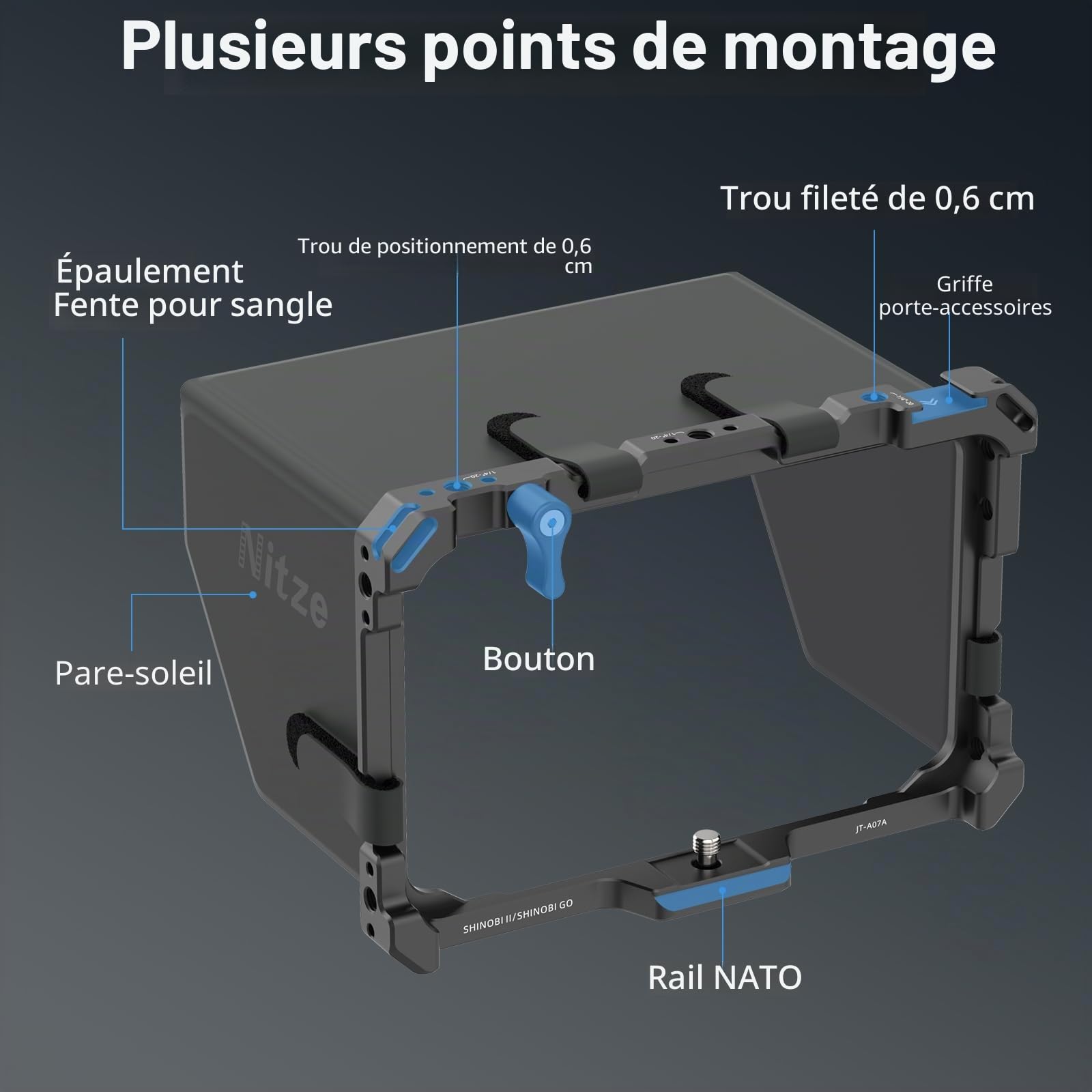 Nitze Shinobi 2 Cage pour Atomos Shinobi II/Shinobi Go, Cage pour Moniteur avec Pare-Soleil et Rail NATO - JT-A07B