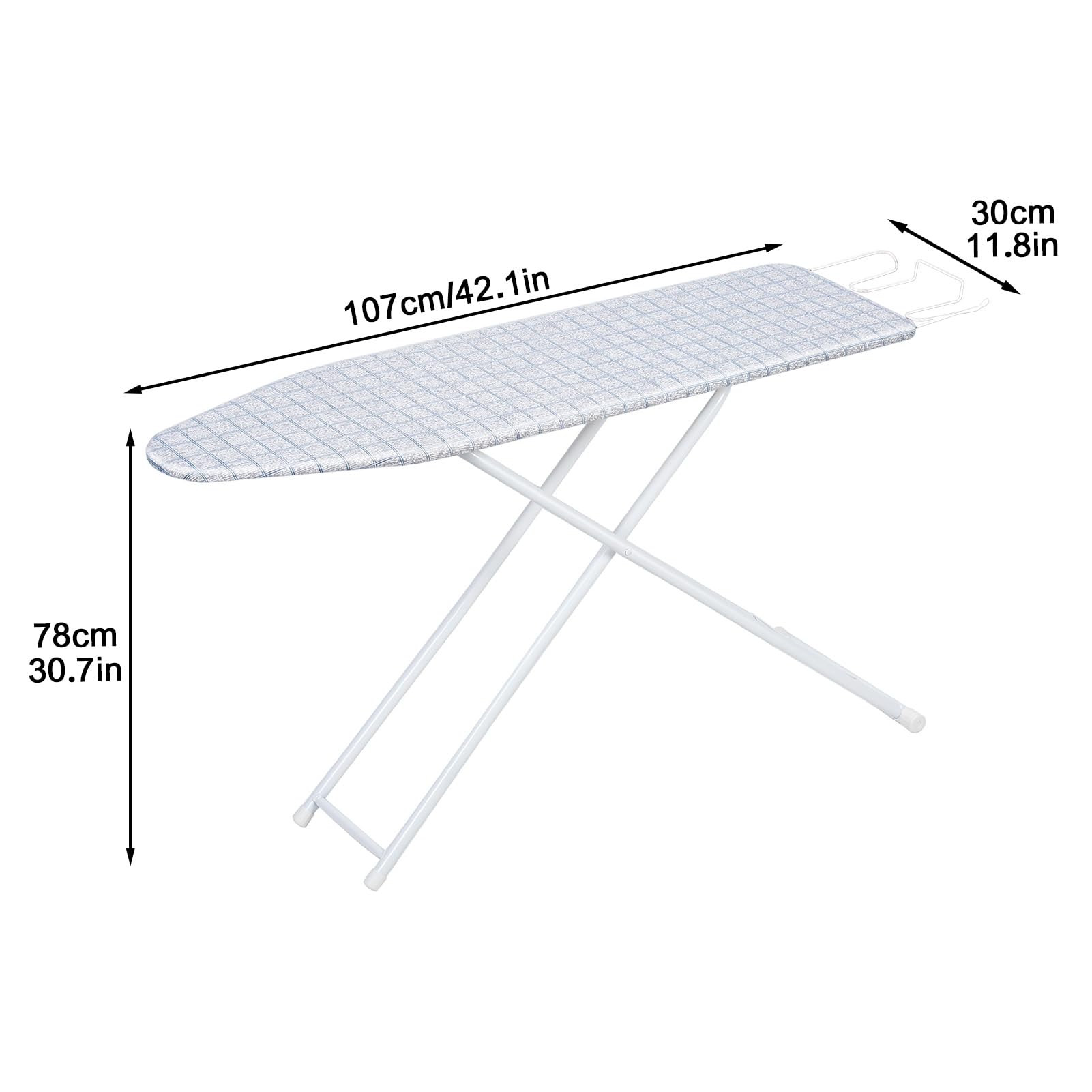 ohfruit Asse da stiro pieghevole per uso domestico, 106 cm, supporto regolabile in altezza con poggia ferro, parte superiore ispessita extra larga, copertura resistente al calore, leggera e portatile