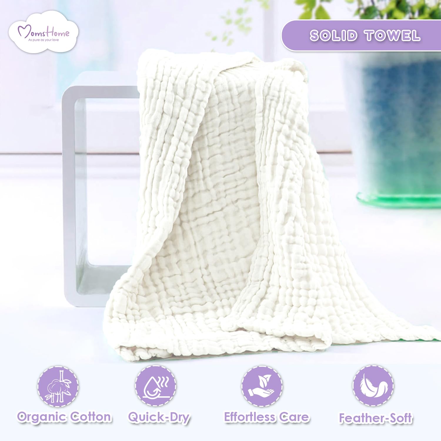 MOM'S HOME Baby Super Soft Absorbent Muslin 6 Layer wash Towel- 100X100 CM - (0-3 Years)- White 3