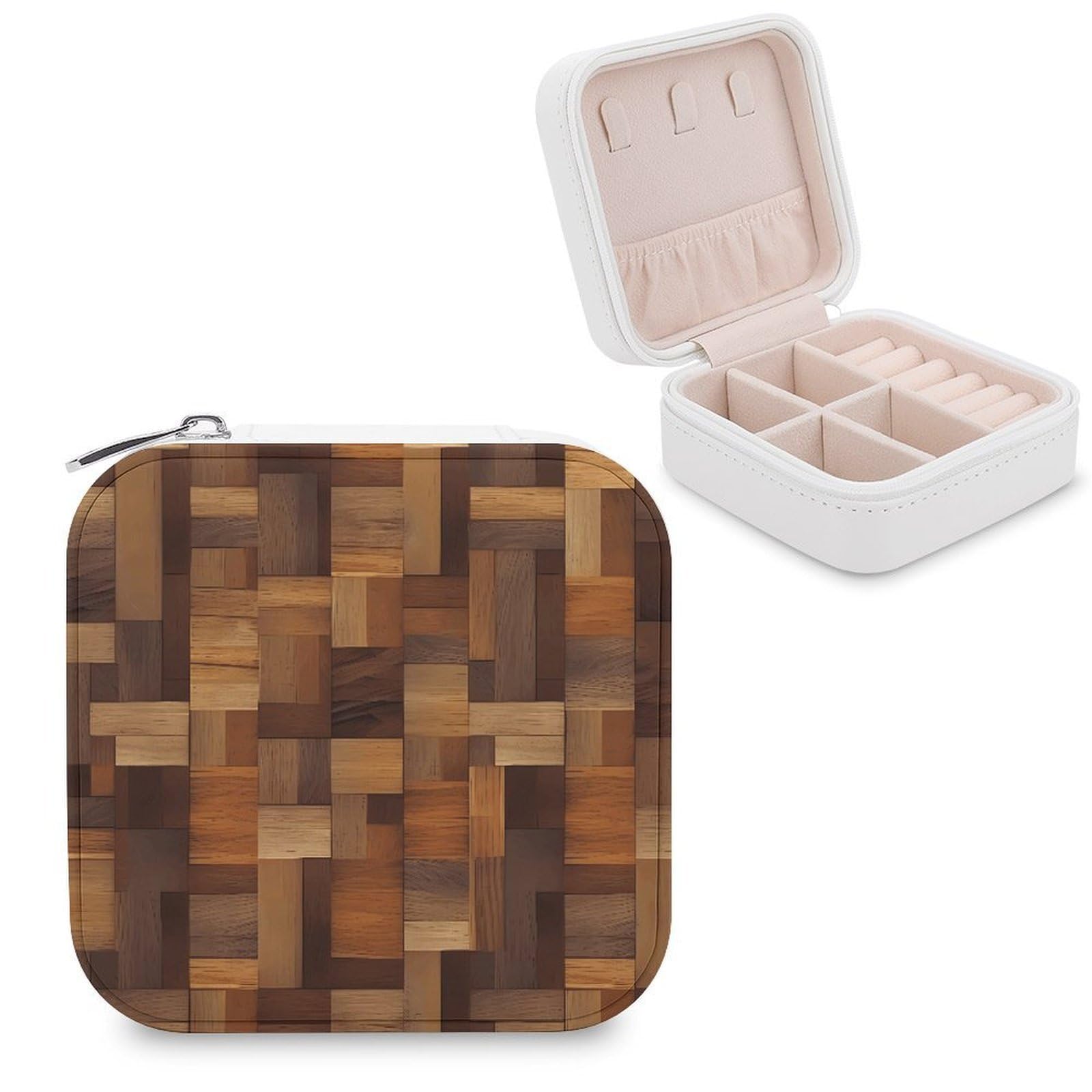 VstaDank Wood Travel Jewelry Case Zipper Portable Small Jewelry Box Custom Pu Leather Mini Traveling Jewelry Organizer for Rings Earrings Necklace Bracelet Girls Women