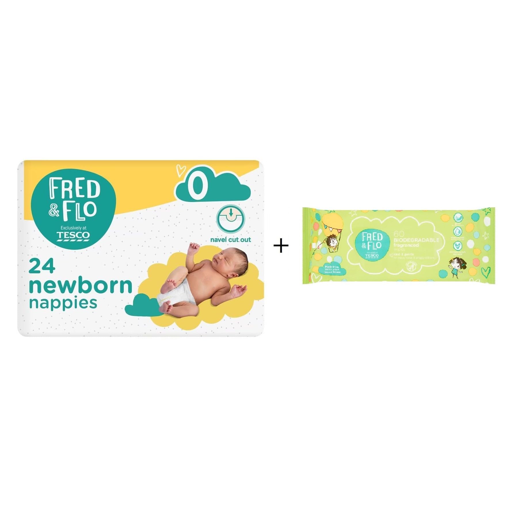 Fred & Flo Size 0 Nappies Newborn 24 Pack + 60 Fragranced Baby Wipes